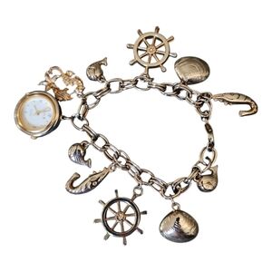 Vtg Jennie B Marine Life/Nautical Women's Charm Bracelet Quartz Watch 7" Rare!